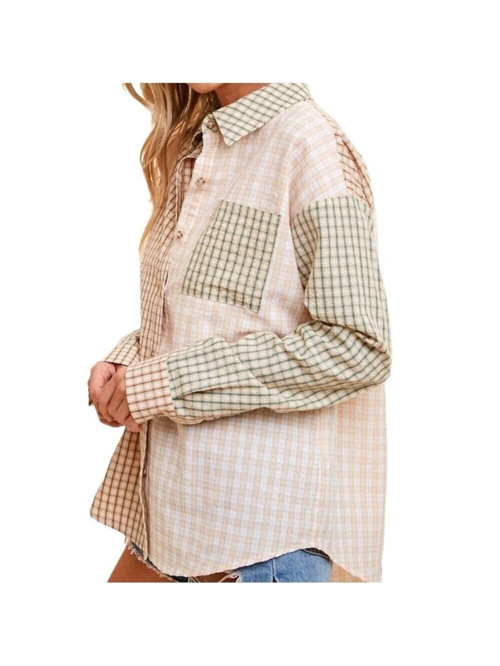HEM & THREAD Plaid Patchwork, Neutral Colour Blocking button Down Large